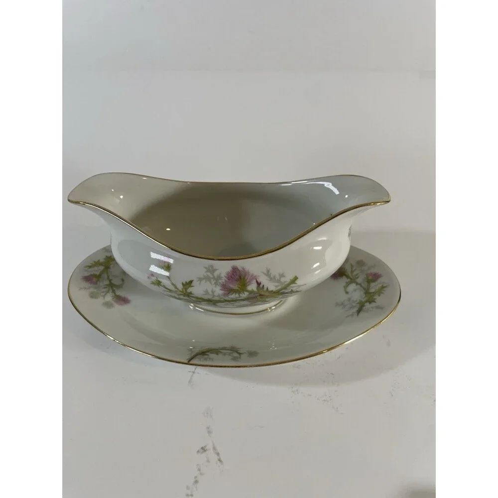 Limoges France Gravy Boat w/ Attached Underplate Thistle Floral Gold Trim